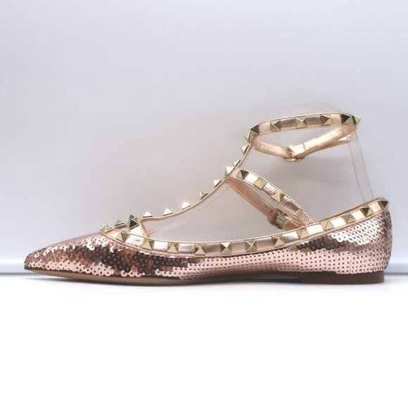 Valentino Sequin Rockstud Caged Ballet Flats Metallic Rose Gold Size 39 NEW - Picture 6 of 11
